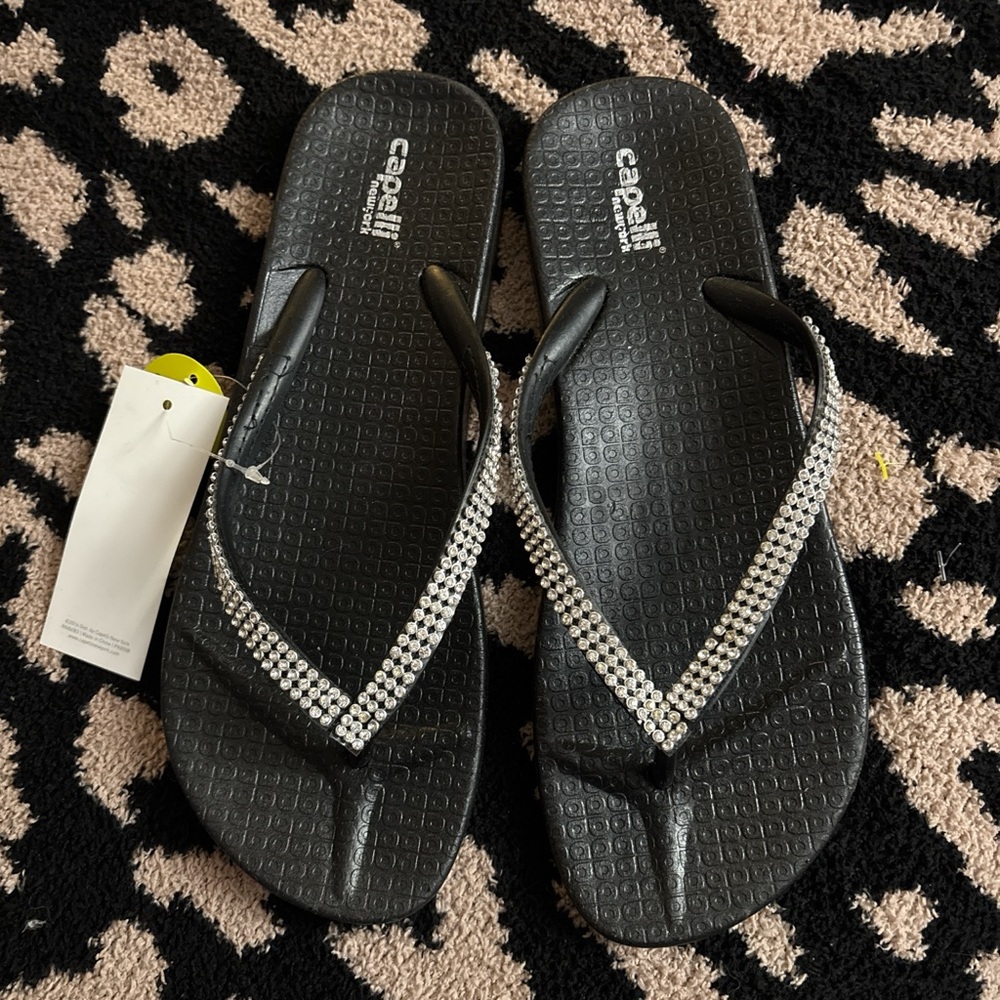 Capelli of New York Black Rhinestone V-Strap Flip Sandals